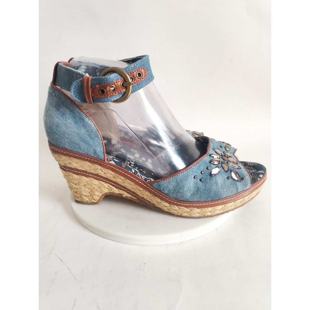Beacon Sandals 8 Wide Denim Diamonds Blue Rhinestones Boho Espadrille Shoe Wedge
